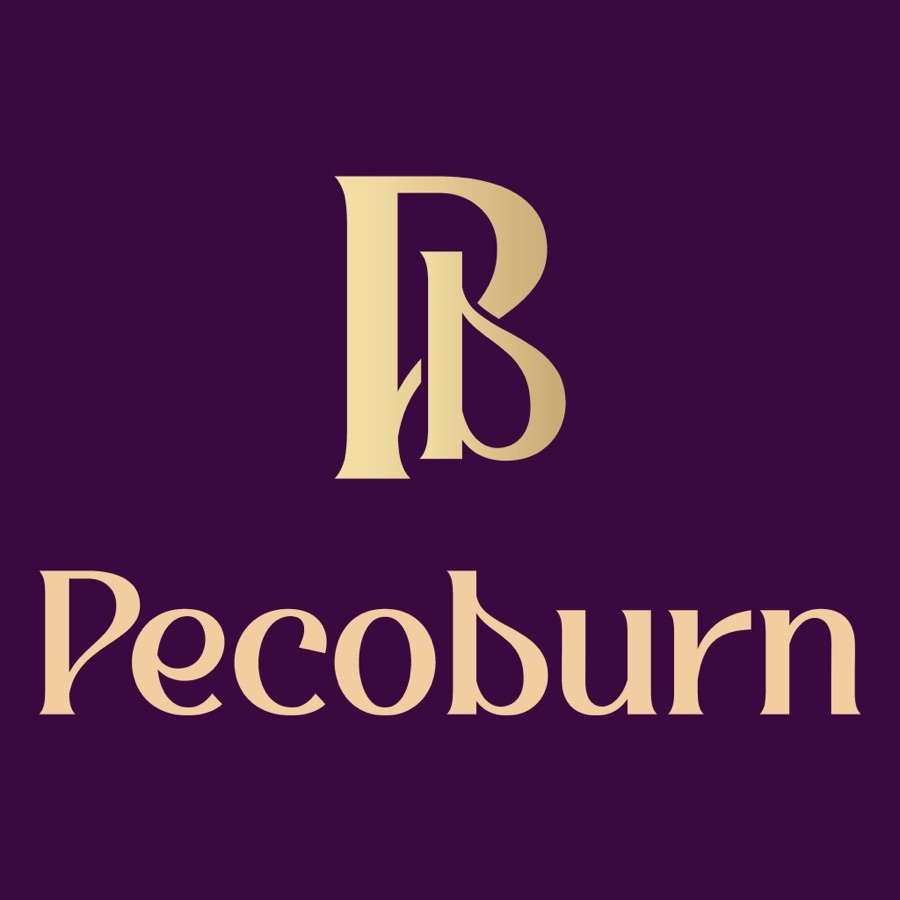 Pecoburn monogram in gold on deep plum