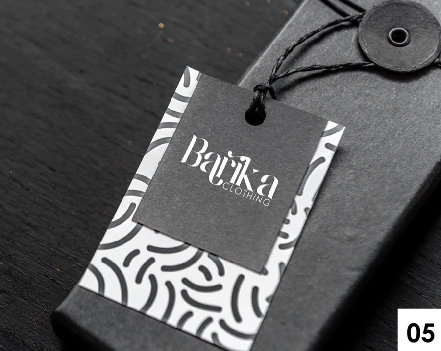 Patterned swing tag photographed on slate