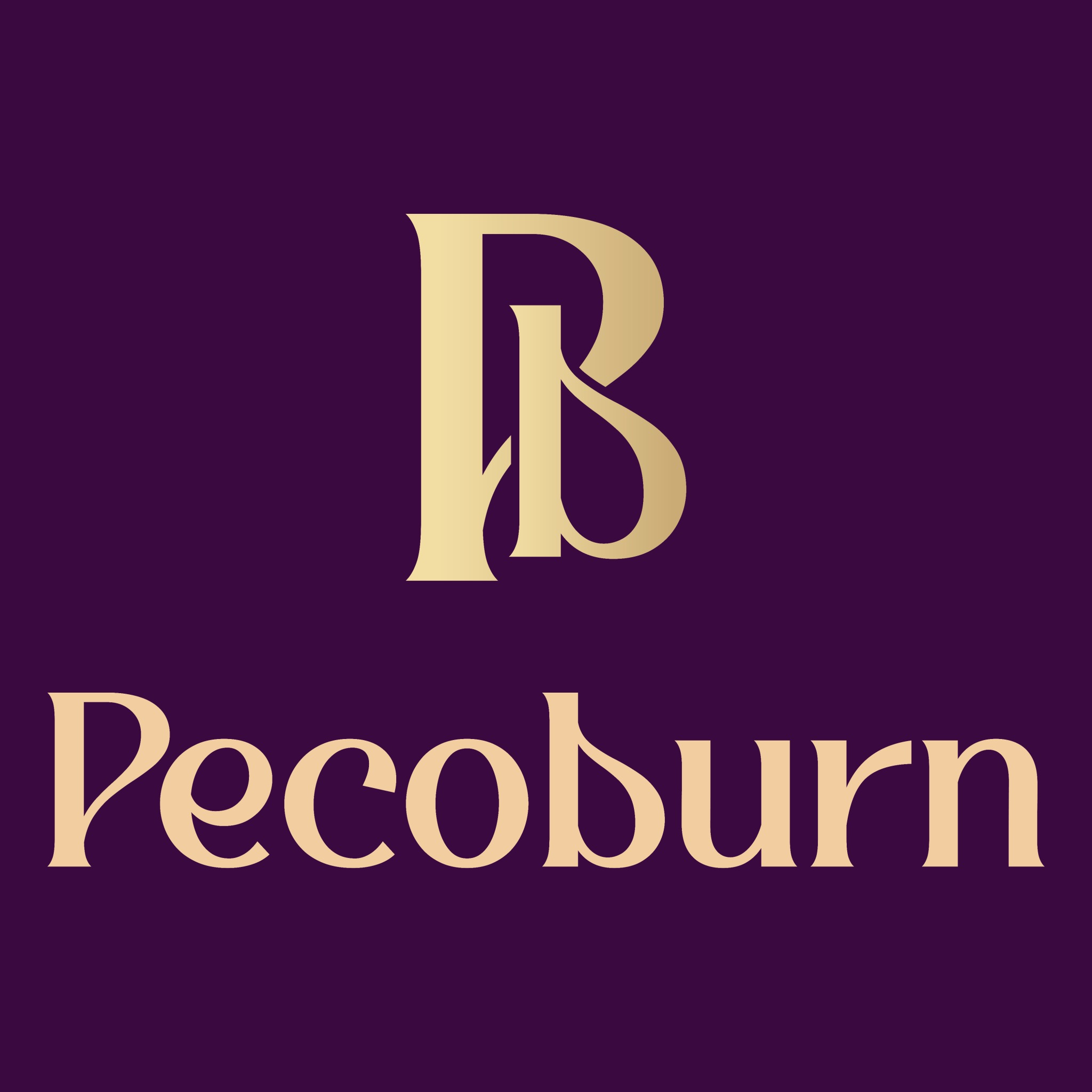 Pecoburn monogram in gold on deep plum