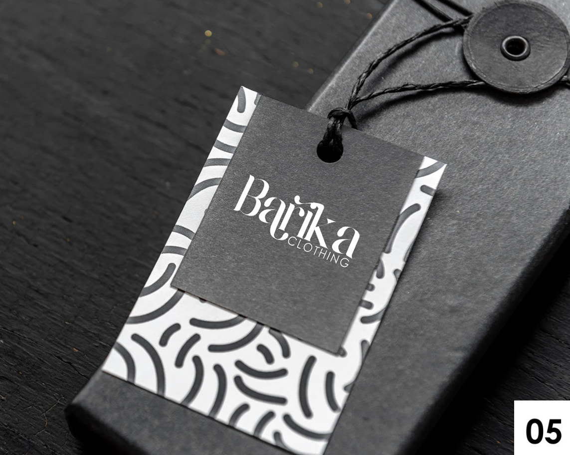 Patterned swing tag photographed on slate